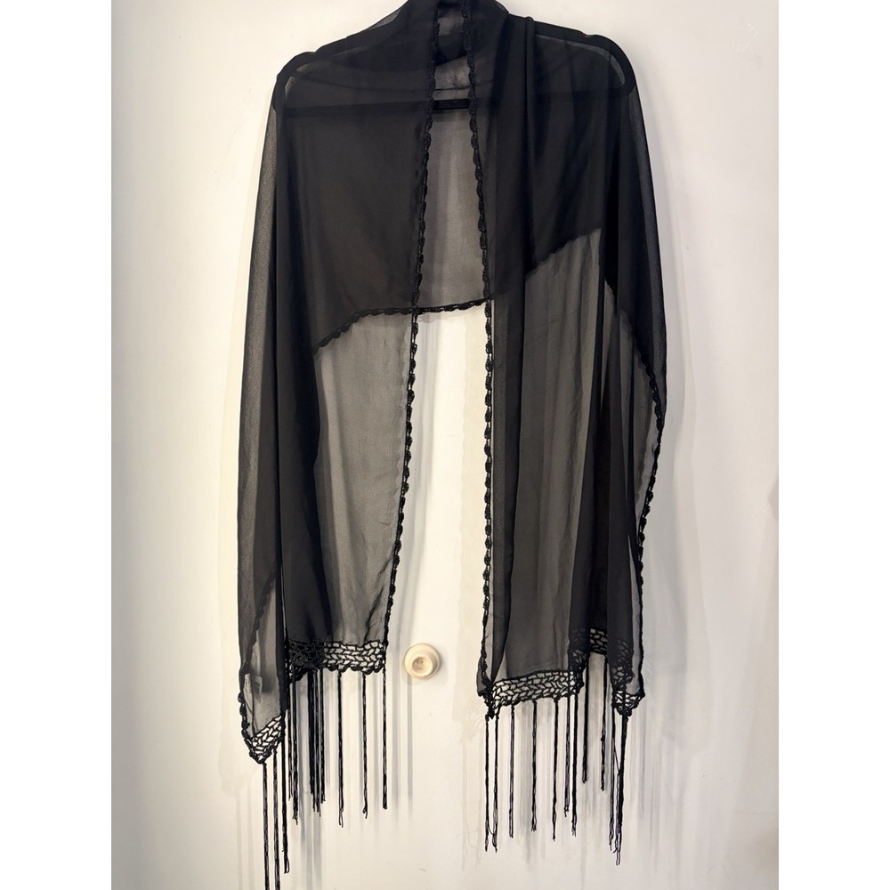 Bijoux Terner Black Sheer Shawl Kimono Wrap Fringe Boho Festival One Size